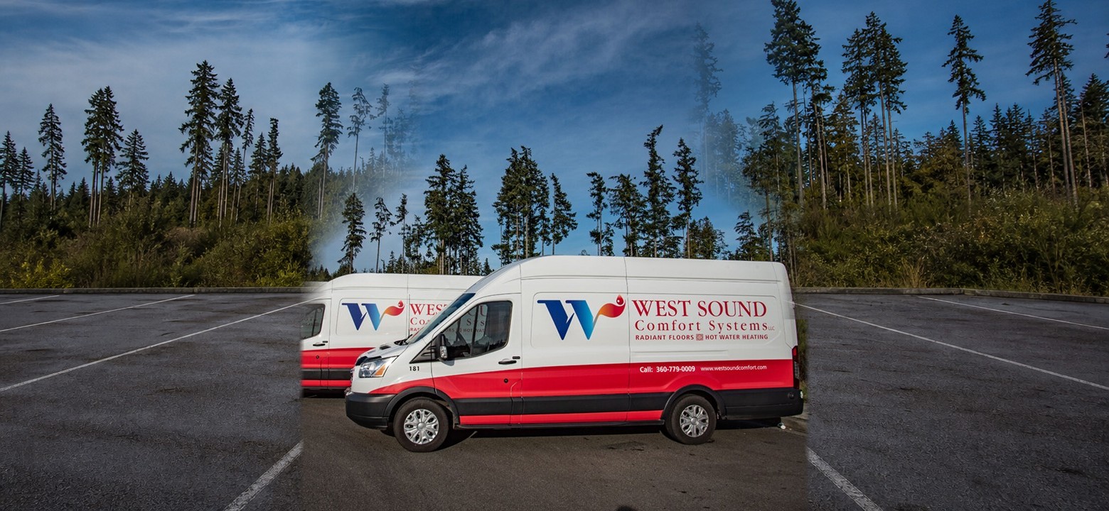West Sound Comfort Systems service van fleet parked at the Silverdale shop